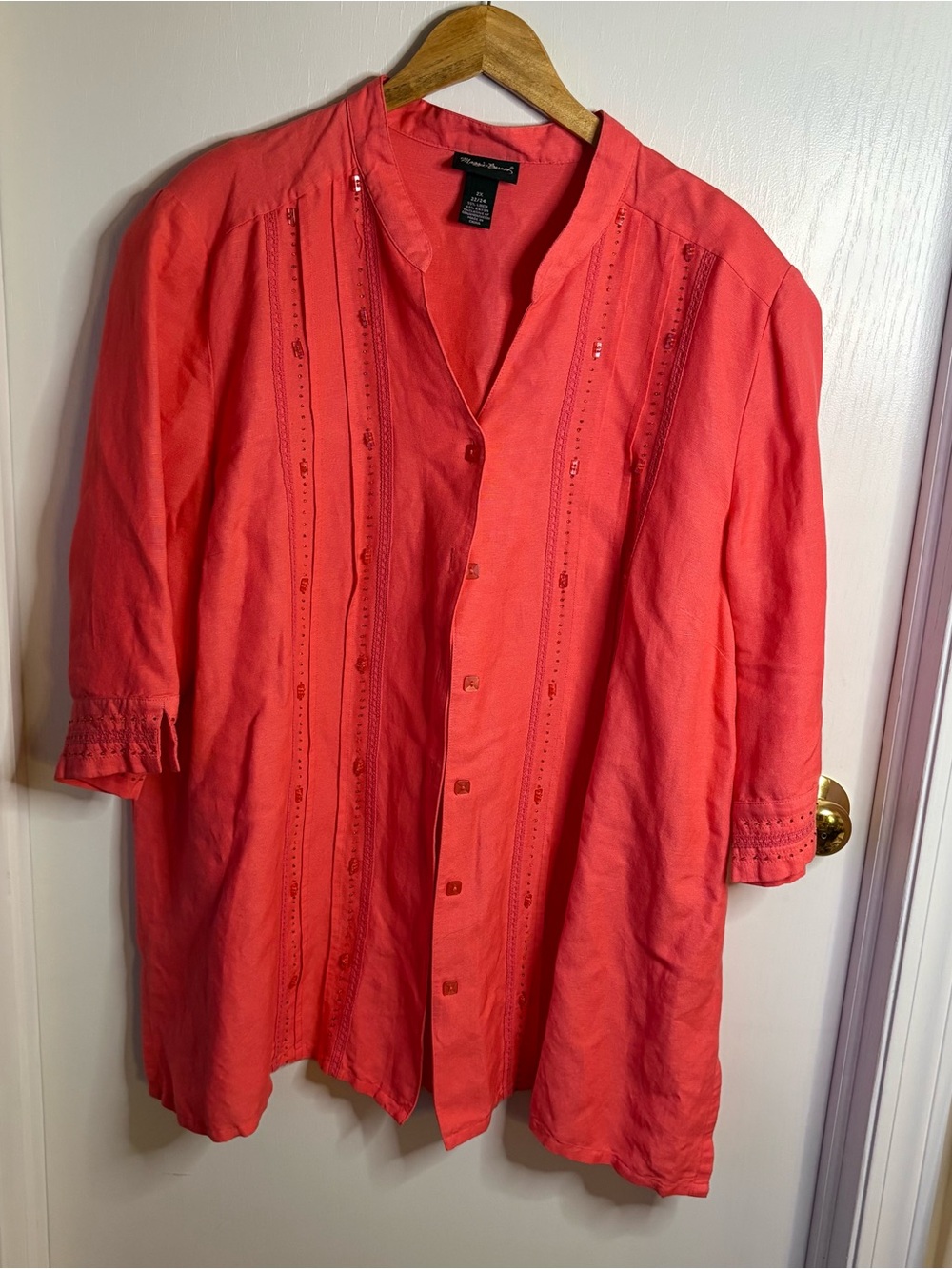 Maggie Barnes 2X Peach Linen Blend Beaded Button-Front Blouse/Jacket Lagenlook